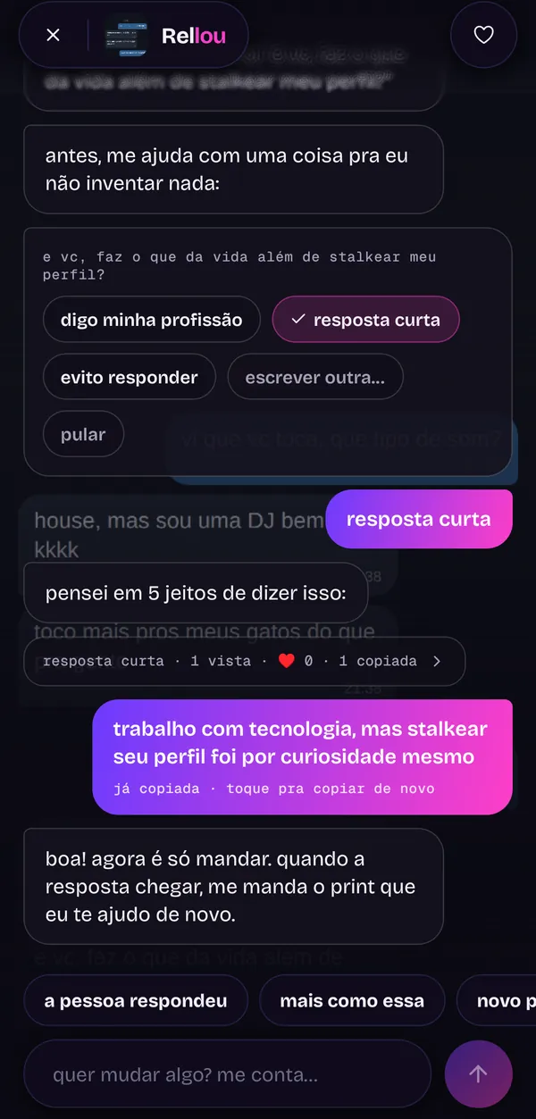 A conversa com o Rellou depois da cópia, com o atalho “a pessoa respondeu”.